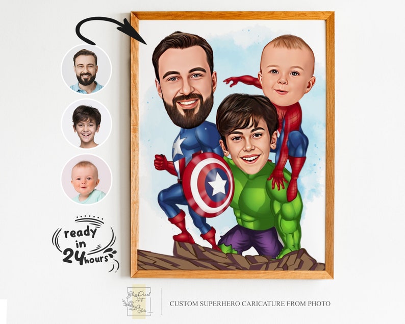 May include: A digital painting of a family of three dressed as superheroes. The father is dressed as Captain America, the older son is dressed as the Hulk, and the younger son is dressed as Spiderman. The painting is done in a cartoon style and has a bright, colorful background.