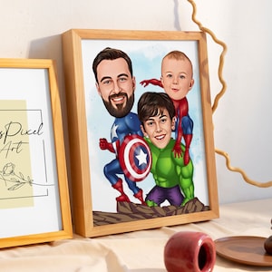 May include: A digital painting of a family of three dressed as superheroes. The father is dressed as Captain America, the son is dressed as Hulk, and the younger son is dressed as Spiderman.