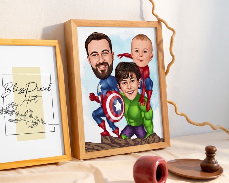 May include: A digital painting of a family of three dressed as superheroes. The father is dressed as Captain America, the son is dressed as Hulk, and the younger son is dressed as Spiderman.