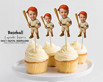 Baseball Personalized Face Cupcake Toppers, Personalized Party Decor, Personalized Custom Cupcake Toppers Baseball, Custom Cake Decorations