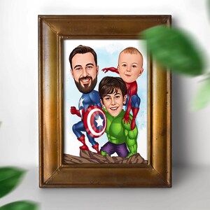 May include: A caricature illustration of three people dressed as superheroes. The person on the left is dressed as Captain America, the person in the middle is dressed as the Hulk, and the person on the right is dressed as Spiderman.