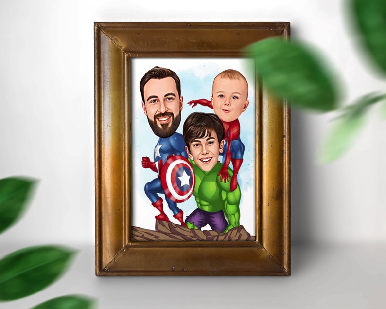 May include: A caricature illustration of three people dressed as superheroes. The person on the left is dressed as Captain America, the person in the middle is dressed as the Hulk, and the person on the right is dressed as Spiderman.