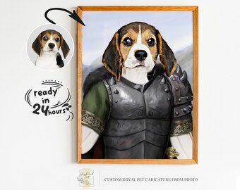 May include: A digital painting of a beagle dog dressed as a knight in shining armor. The dog is wearing a green tunic, a silver breastplate, and a helmet with a plume. The dog is looking directly at the viewer with a serious expression. The background is a light blue sky with clouds.