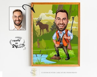 Custom Hunter Cartoon Portrait, Hunter Portrait, Gift for Hunter, Hunter Caricature, Unique Hunter Gift, Hunter Caricature from Photo