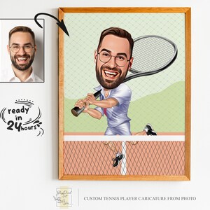 Portrait personnalisé de caricature de joueur de tennis, dessin personnalisé de dessin animé de tennis, cadeau numérique drôle pour un amateur de tennis, un entraîneur ou un athlète