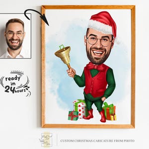 Portrait de dessin animé de Noël personnalisé, portrait de Noël, cadeau de Noël, caricature de Noël, caricature de Noël, caricature à partir d'une photo, père Noël