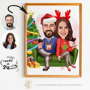 Custom Christmas Couple Cartoon Portrait, Christmas Portrait, Christmas Gift, Christmas Caricature, Xmas Caricature, Caricature from Photo