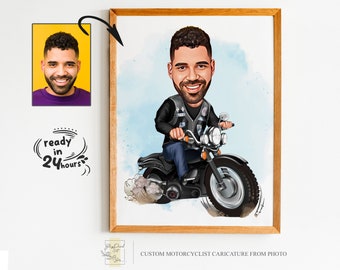 Retrato de dibujos animados de motociclista personalizado, retrato de motociclista, regalo para motociclista, caricatura de motociclista, caricatura de foto