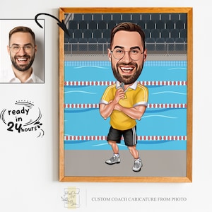 Caricatura personalizzata di un allenatore di nuoto, disegno di un allenatore di nuoto personalizzato, regalo digitale per istruttore di nuoto o bagnino