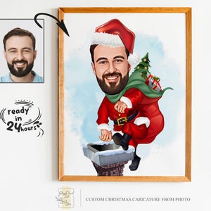 Portrait de dessin animé de Noël personnalisé, portrait de Noël, cadeau de Noël, caricature de Noël, caricature de Noël, caricature à partir d'une photo, père Noël
