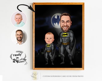 Benutzerdefinierte Super Dad and Son Cartoon Portrait, Super Dad Portrait, Papas Geschenk, Fledermaus Dad Karikatur, Fledermaus Jungen Karikatur, Karikatur vom Foto