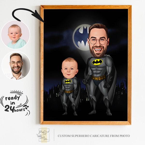 Portrait personnalisé de dessin animé super papa et fils, portrait super papa, cadeau pour papa, caricature de papa chauve-souris, caricature de garçon chauve-souris, caricature à partir d'une photo