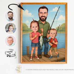 Benutzerdefinierte Fischer Vater und zwei Kinder Cartoon Portrait, Geschenk für Fischer, Fischer Karikatur, Fischer Cartoon, benutzerdefinierte Karikatur, Geschenk für Papa