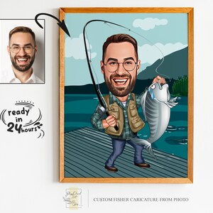 Retrato de desenho animado de pescador personalizado, presente para pescador, caricatura de pescador, desenho animado de pescador, caricatura personalizada, caricatura de pescador da foto