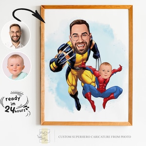Benutzerdefinierte Super Dad und Sohn Cartoon Portrait, Super Dad Portrait, Papas Geschenk, Super Dad Karikatur, Superhelden-Karikatur, Karikatur vom Foto