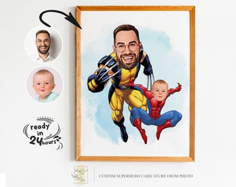 Benutzerdefinierte Super Dad und Sohn Cartoon Portrait, Super Dad Portrait, Papas Geschenk, Super Dad Karikatur, Superhelden-Karikatur, Karikatur vom Foto