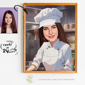 Retrato de dibujos animados de chef de mujer personalizado, caricatura de chef, regalo para chef, dibujos animados de chef, regalo de chef divertido, caricatura personalizada de foto, regalo de chef