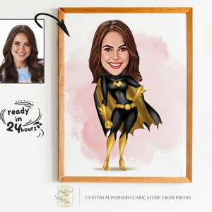 Retrato personalizado de dibujos animados de súper mujer, retrato de mujer, regalo de mujer, caricatura de súper mujer, dibujo de caricatura de superhéroe, caricatura de foto