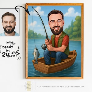 Benutzerdefinierte Fischer Cartoon Portrait, Geschenk für Fischer, Fischer Karikatur, Fischer Vater Cartoon, benutzerdefinierte Karikatur, Fischerkarikatur vom Foto