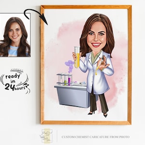 Aangepaste vrouw scheikundige cartoon portret, scheikundige portret, scheikundige gift, scheikundige karikatuur, karikatuur van foto, wetenschapper karikatuur