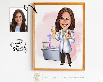 Retrato de dibujos animados de química de mujer personalizado, retrato de química, regalo de química, caricatura de química, caricatura de foto, caricatura científica