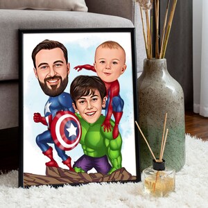 May include: A digital painting of three people dressed as superheroes. The person on the left is dressed as Captain America, the person in the middle is dressed as the Hulk, and the person on the right is dressed as Spiderman.