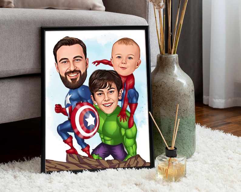 May include: A digital painting of three people dressed as superheroes. The person on the left is dressed as Captain America, the person in the middle is dressed as the Hulk, and the person on the right is dressed as Spiderman.