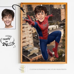 Benutzerdefinierte Superheld Cartoon Portrait, Superheld Portrait, Geschenk für Kinder, Benutzerdefinierte Cartoon, Superheld Karikatur, Spider Boy Cartoon Karikatur