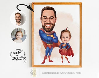 Benutzerdefinierte Super Dad und Tochter Cartoon Portrait, Super Dad Portrait, Papas Geschenk, Super Dad Karikatur, Superheld Karikatur, Superheld Geschenk