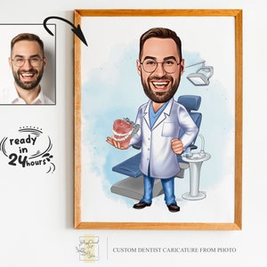 Niestandardowy męski dentysta kreskówka portret, portret dentysty, prezent dla dentysty, karykatura dentysty, karykatura ze zdjęcia, zabawny rysunek dentysty