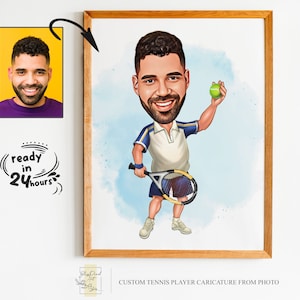 Ritratto di cartone animato di giocatore di tennis maschile personalizzato, caricatura di tennis, regalo per giocatore di tennis, cartone animato di tennis, caricatura personalizzata da foto, tennis