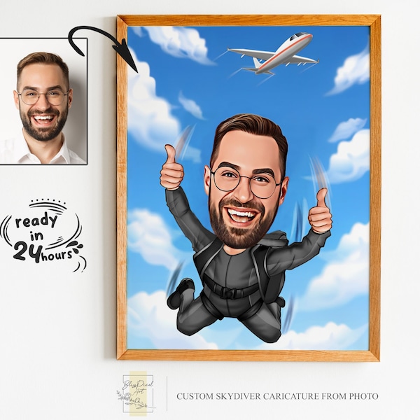 Portrait de dessin animé de parachutiste personnalisé, caricature de parachutiste, cadeau de parachutiste, caricature de parachutiste drôle, portrait de parachutiste, caricature à partir d'une photo