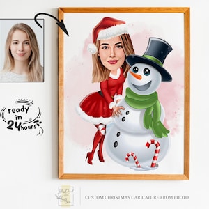 Portrait personnalisé de dessin animé de Noël de femme, portrait de Noël, cadeau de Noël, caricature de Noël, caricature de Noël, caricature à partir d'une photo