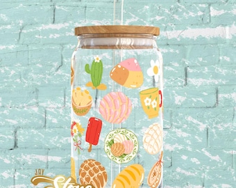 Mexican Candy Glass Cup 16 oz with Bamboo Lid & Straw | Cute Mexican Snacks Tumbler | Reusable Iced Coffee Cup | Mexican Aesthetic Drinkware