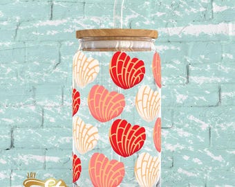 Mexican Concha Glass Can Cup 16 oz | Pan Dulce Heart Design | Cute Glass Tumbler | Bamboo Lid & Straw