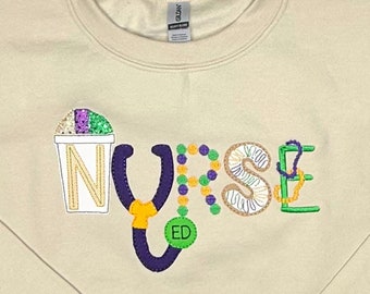 Mardi Gras Nurse Embroidered Sweatshirt, Mardi Gras Emergency Department Nurse Embroidered Shirt, ICU Nurse, NP Shirt, ED Nurse Shirt, Nurse