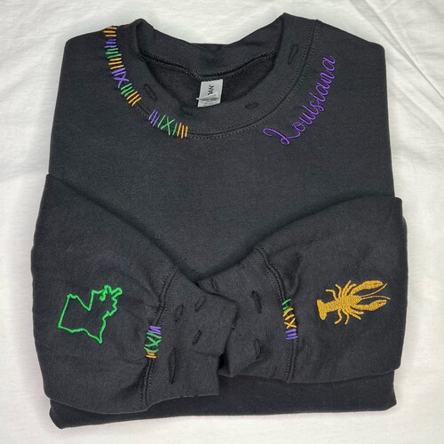 MARDI GRAS SWEATSHIRT, Mardi Gras Distressed Shirt, Louisiana Mardi Gras, La Outline, Crawfish, Embroidered Louisiana Sweatshirt, Mardi Gras