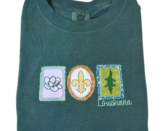 Louisiana Stamp Embroidered Shirt, Fleur De Lis, Alligator, and Magnolia Embroidered Shirt