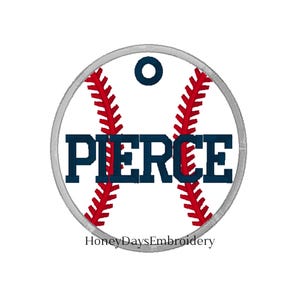 May include: A baseball-themed design featuring the name "PIERCE" in navy blue, stitched onto a white background. Red stitching mimics baseball seams. A small navy blue circle is at the top. The text "HoneyDaysEmbroidery" is at the bottom.