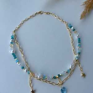 Blauw hart gouden ster ketting, blauwe ketting, gouden ketting
