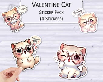 Valentine Cat Sticker Pack | Valentine Stickers | Scrapbooking Stickers | Laptop Stickers | Waterbottle Stickers | Phone Case Sticker