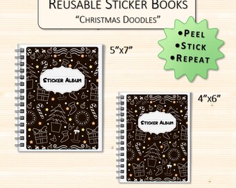 Christmas Doodle Themed Custom Reusable Sticker Book | Sticker Storage Album | Personalized Sticker Organizer