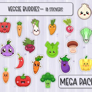 Pack d'autocollants MÉGA Veggie Buddies | Autocollants Nourriture | Stickers Scrapbooking | Stickers pour ordinateur portable | Stickers bouteille d'eau | Sticker coque de téléphone