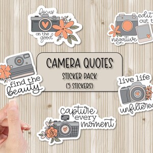 Pacote de adesivos com citações de câmera | Adesivos laminados | Adesivos de saúde mental | Adesivos para laptop | Adesivos para garrafa de água | Adesivo para capa de telefone