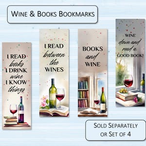 Op de afbeelding: Set van vier bladwijzers met wijn- en boeken thema's. Elke bladwijzer bevat aquarel illustraties van wijnflessen, glazen en boeken. Tekst bevat zinnen als "Ik lees boeken, ik drink wijn, ik weet dingen."
