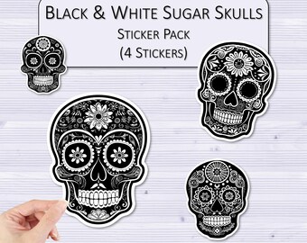 Paquete de pegatinas de calaveras de azúcar en blanco y negro / Calcomanías de calaveras / Pegatinas para scrapbooking / Pegatinas para laptop / Pegatinas para botellas de agua / Pegatinas para fundas de teléfono