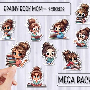 Pack d'autocollants MEGA Book Mom Brainy | Stickers livres | Stickers Scrapbooking | Stickers pour ordinateur portable | Stickers bouteille d'eau | Sticker coque de téléphone
