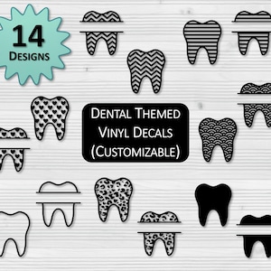 Puede incluir: Una colección de 14 calcomanías de vinilo con temática dental en varios diseños, incluyendo dientes con patrones de chevron, corazón y leopardo. Las calcomanías son en blanco y negro, con una opción personalizable. Un diseño de estrella turquesa muestra el número 14.