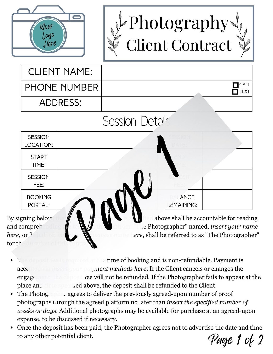 Photography Client Contract Template Editable Client Etsy Photography Client Contract Template Editable Client Etsy