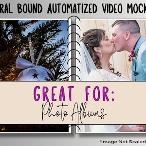 May include: A mockup of a spiral bound photo album with a Christmas tree and a couple kissing on the cover. The text "GREAT FOR: Photo Albums" is displayed below the images.